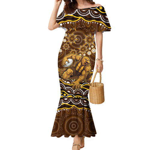 Personalized Hawthorn Hawks AFL Mascot Family Matching Mermaid Dress and Hawaiian Shirt Aboriginal Dot Art - Dreamtime Football Mascot