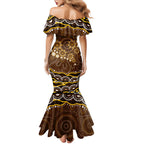 Personalized Hawthorn Hawks AFL Mascot Family Matching Mermaid Dress and Hawaiian Shirt Aboriginal Dot Art - Dreamtime Football Mascot