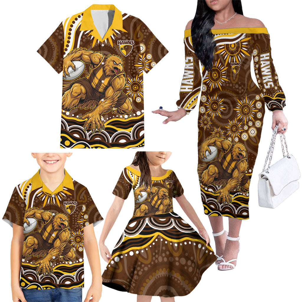 Personalized Hawthorn Hawks AFL Mascot Family Matching Off The Shoulder Long Sleeve Dress and Hawaiian Shirt Aboriginal Dot Art - Dreamtime Football Mascot