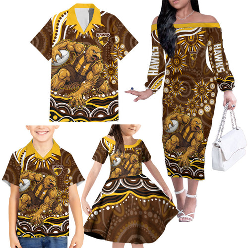Personalized Hawthorn Hawks AFL Mascot Family Matching Off The Shoulder Long Sleeve Dress and Hawaiian Shirt Aboriginal Dot Art - Dreamtime Football Mascot
