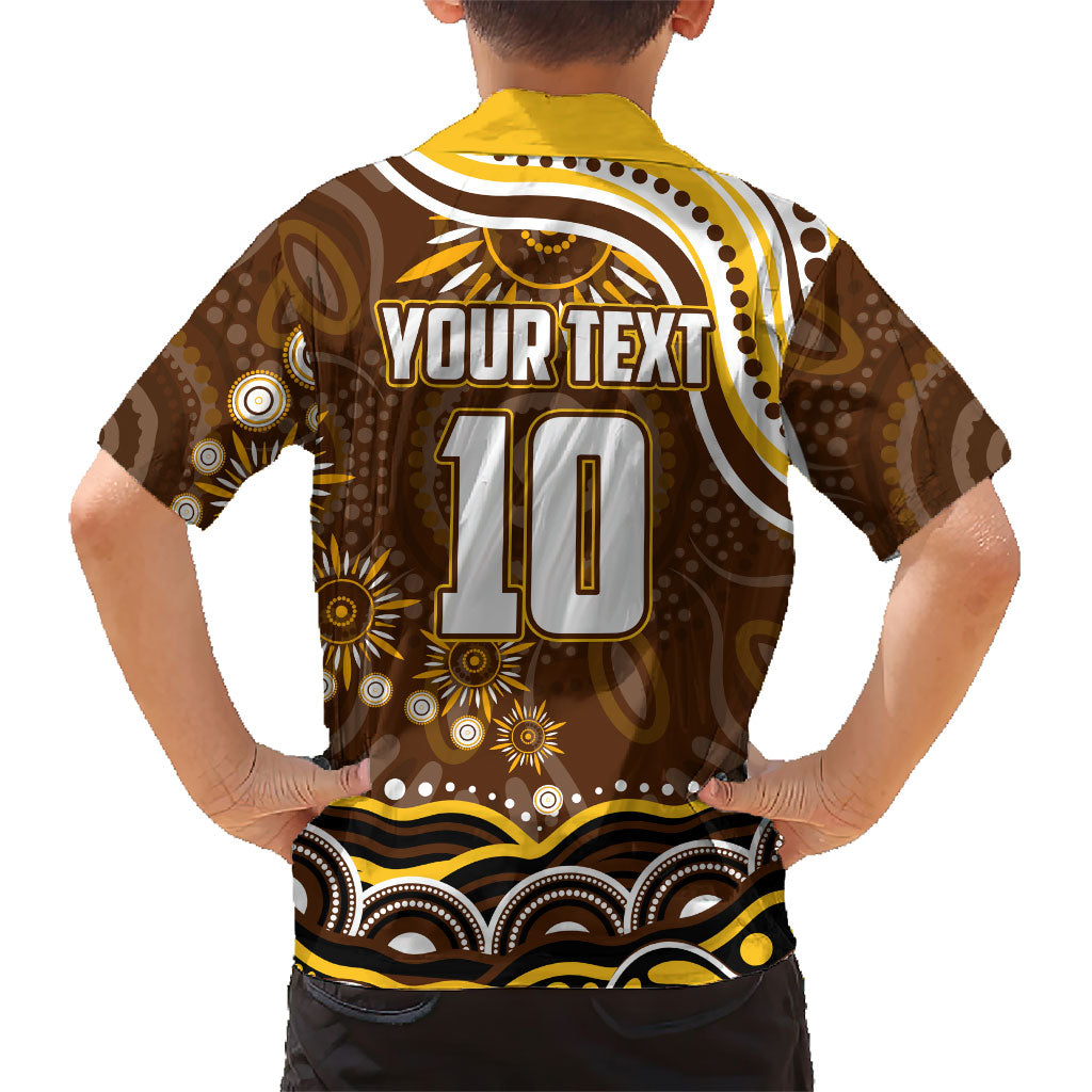 Personalized Hawthorn Hawks AFL Mascot Family Matching Off The Shoulder Long Sleeve Dress and Hawaiian Shirt Aboriginal Dot Art - Dreamtime Football Mascot