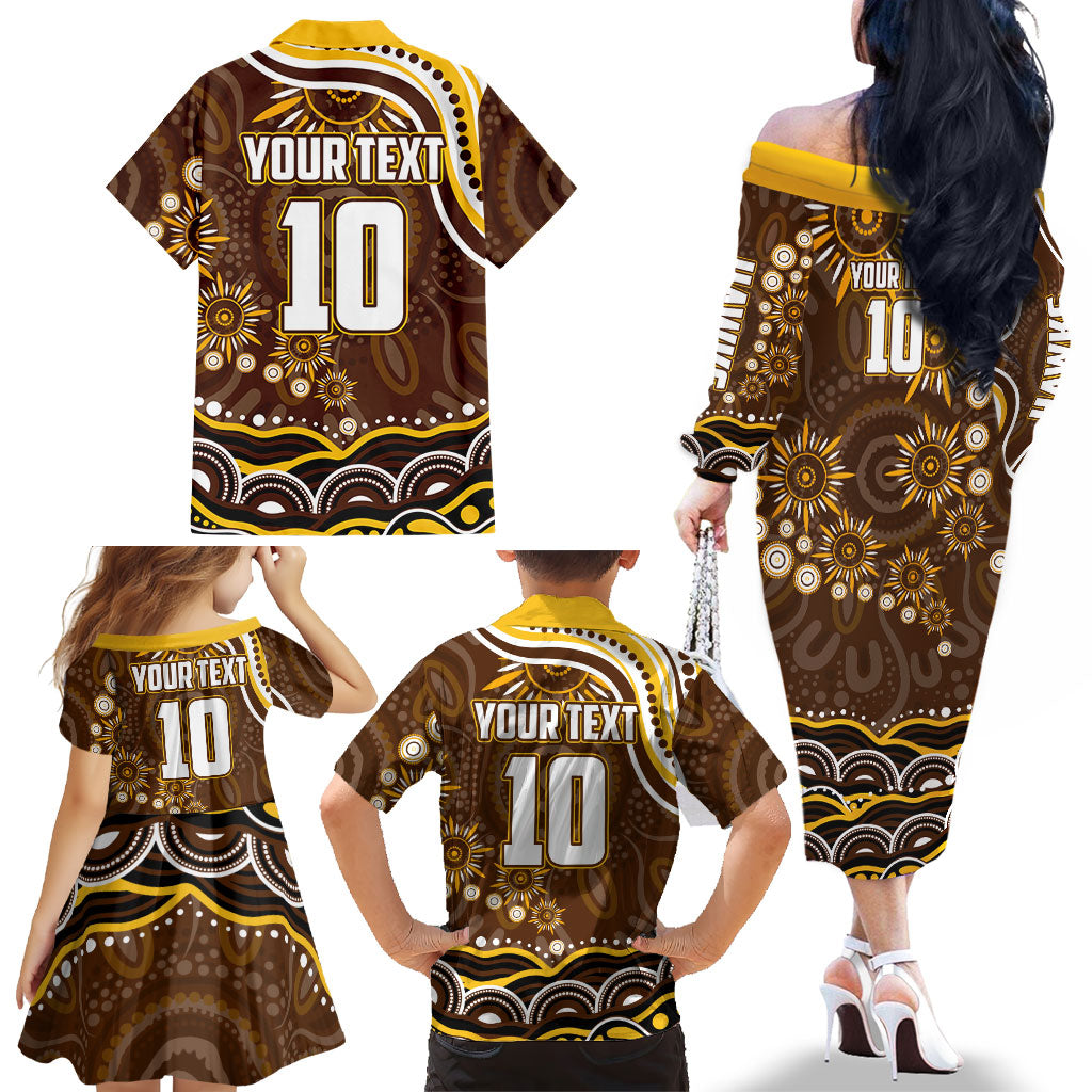 Personalized Hawthorn Hawks AFL Mascot Family Matching Off The Shoulder Long Sleeve Dress and Hawaiian Shirt Aboriginal Dot Art - Dreamtime Football Mascot