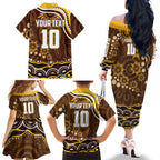 Personalized Hawthorn Hawks AFL Mascot Family Matching Off The Shoulder Long Sleeve Dress and Hawaiian Shirt Aboriginal Dot Art - Dreamtime Football Mascot