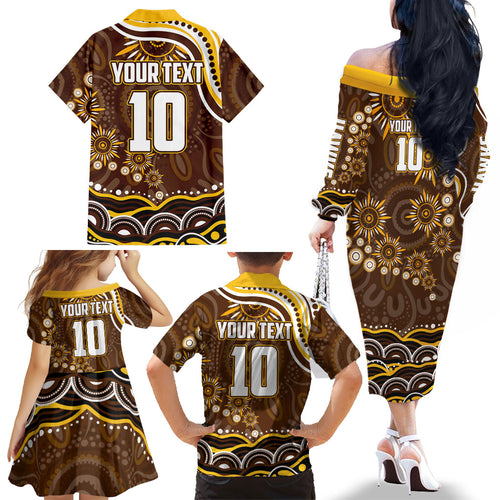 Personalized Hawthorn Hawks AFL Mascot Family Matching Off The Shoulder Long Sleeve Dress and Hawaiian Shirt Aboriginal Dot Art - Dreamtime Football Mascot