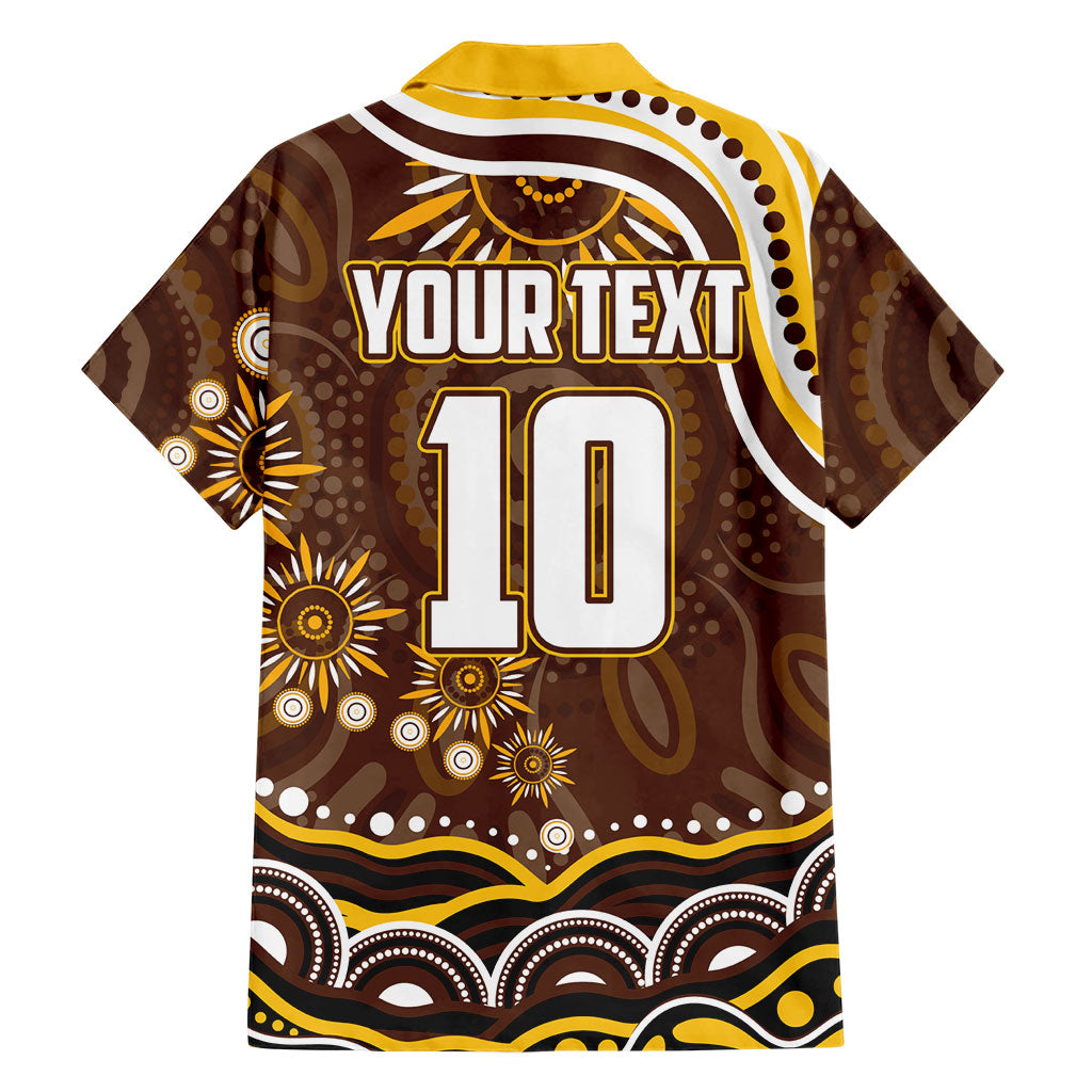 Personalized Hawthorn Hawks AFL Mascot Family Matching Off The Shoulder Long Sleeve Dress and Hawaiian Shirt Aboriginal Dot Art - Dreamtime Football Mascot