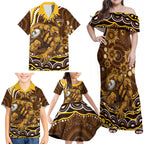 Personalized Hawthorn Hawks AFL Mascot Family Matching Off Shoulder Maxi Dress and Hawaiian Shirt Aboriginal Dot Art - Dreamtime Football Mascot