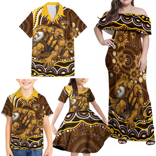 Personalized Hawthorn Hawks AFL Mascot Family Matching Off Shoulder Maxi Dress and Hawaiian Shirt Aboriginal Dot Art - Dreamtime Football Mascot