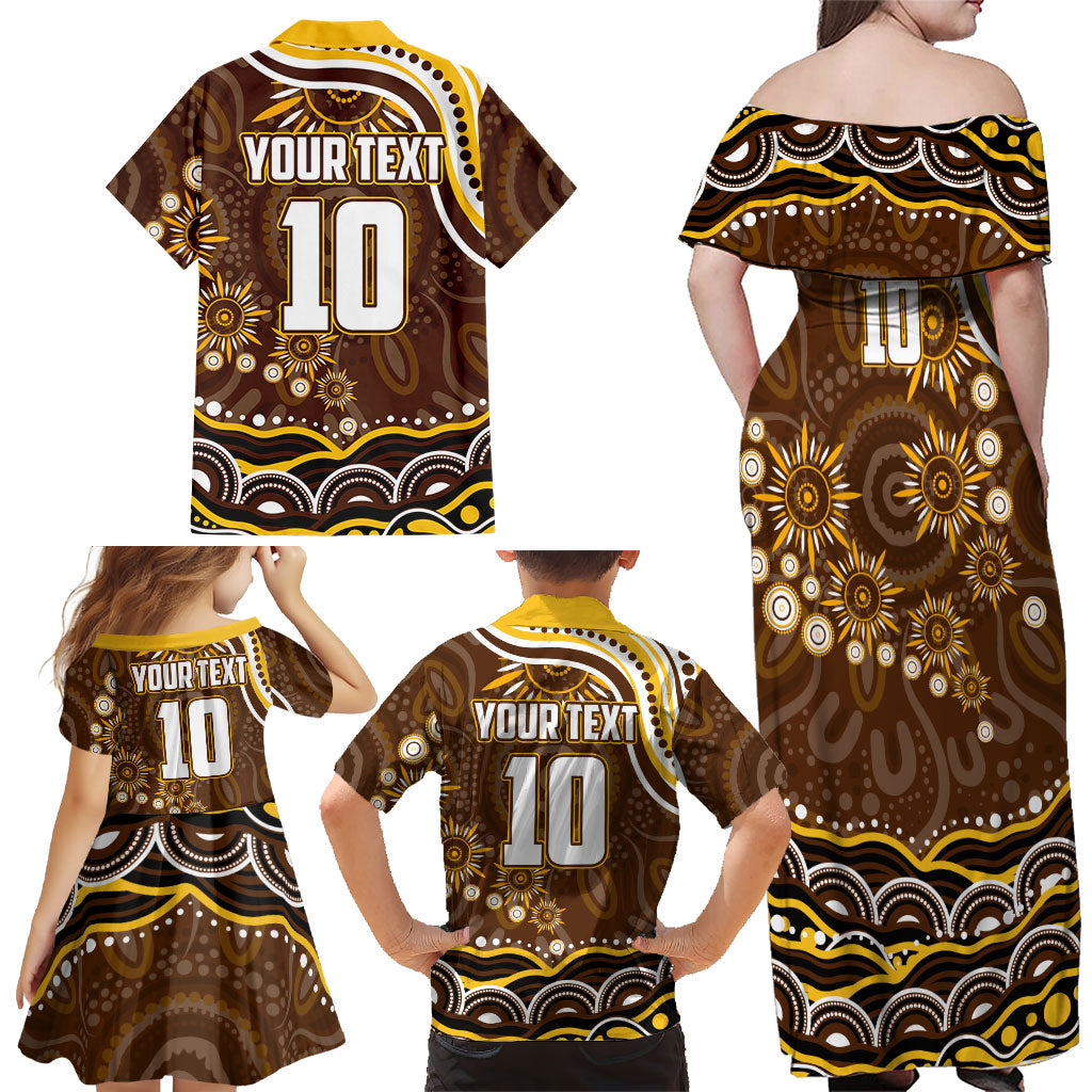 Personalized Hawthorn Hawks AFL Mascot Family Matching Off Shoulder Maxi Dress and Hawaiian Shirt Aboriginal Dot Art - Dreamtime Football Mascot