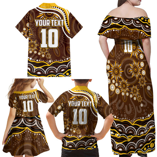 Personalized Hawthorn Hawks AFL Mascot Family Matching Off Shoulder Maxi Dress and Hawaiian Shirt Aboriginal Dot Art - Dreamtime Football Mascot