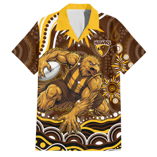 Personalized Hawthorn Hawks AFL Mascot Family Matching Off Shoulder Maxi Dress and Hawaiian Shirt Aboriginal Dot Art - Dreamtime Football Mascot