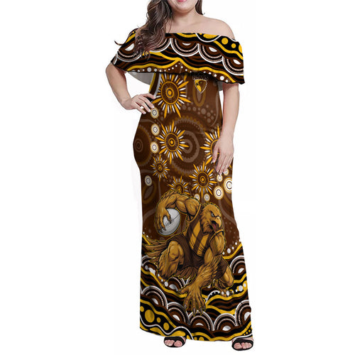 Personalized Hawthorn Hawks AFL Mascot Family Matching Off Shoulder Maxi Dress and Hawaiian Shirt Aboriginal Dot Art - Dreamtime Football Mascot