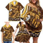 Personalized Hawthorn Hawks AFL Mascot Family Matching Off Shoulder Short Dress and Hawaiian Shirt Aboriginal Dot Art - Dreamtime Football Mascot