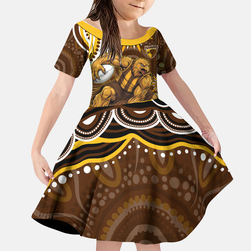 Personalized Hawthorn Hawks AFL Mascot Family Matching Off Shoulder Short Dress and Hawaiian Shirt Aboriginal Dot Art - Dreamtime Football Mascot