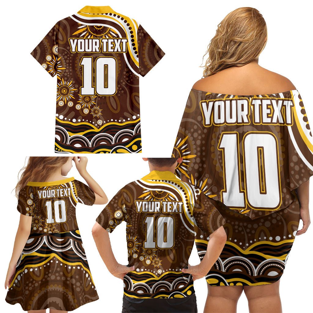 Personalized Hawthorn Hawks AFL Mascot Family Matching Off Shoulder Short Dress and Hawaiian Shirt Aboriginal Dot Art - Dreamtime Football Mascot