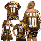 Personalized Hawthorn Hawks AFL Mascot Family Matching Off Shoulder Short Dress and Hawaiian Shirt Aboriginal Dot Art - Dreamtime Football Mascot