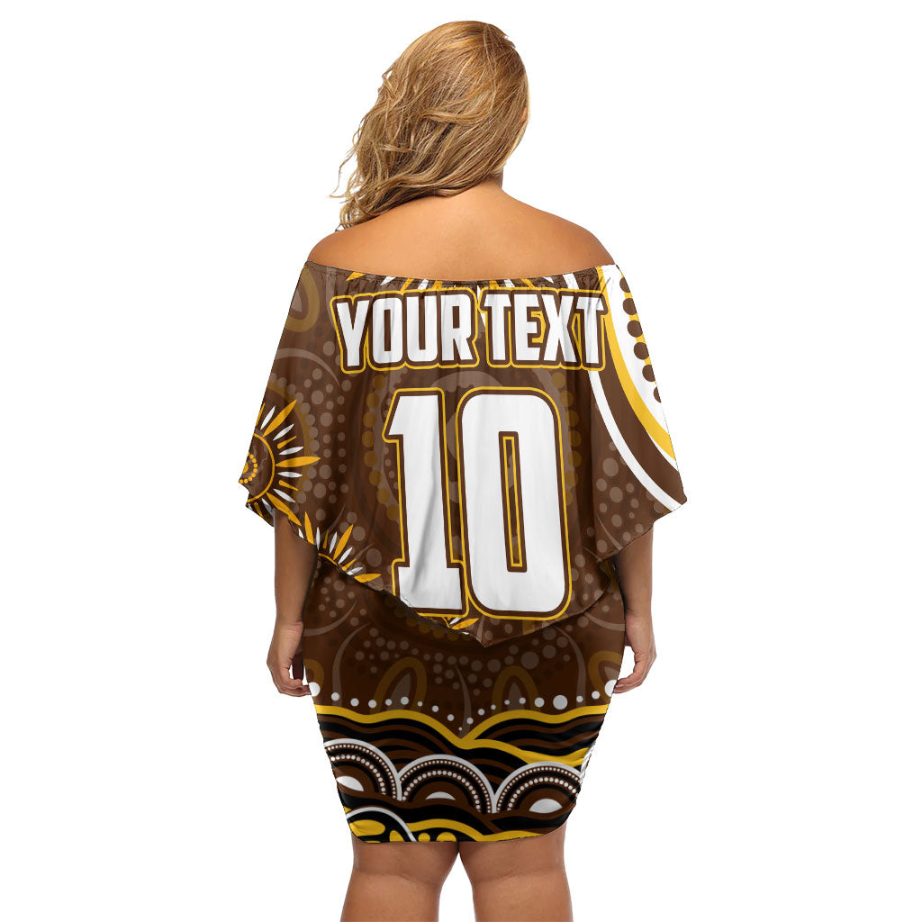 Personalized Hawthorn Hawks AFL Mascot Family Matching Off Shoulder Short Dress and Hawaiian Shirt Aboriginal Dot Art - Dreamtime Football Mascot