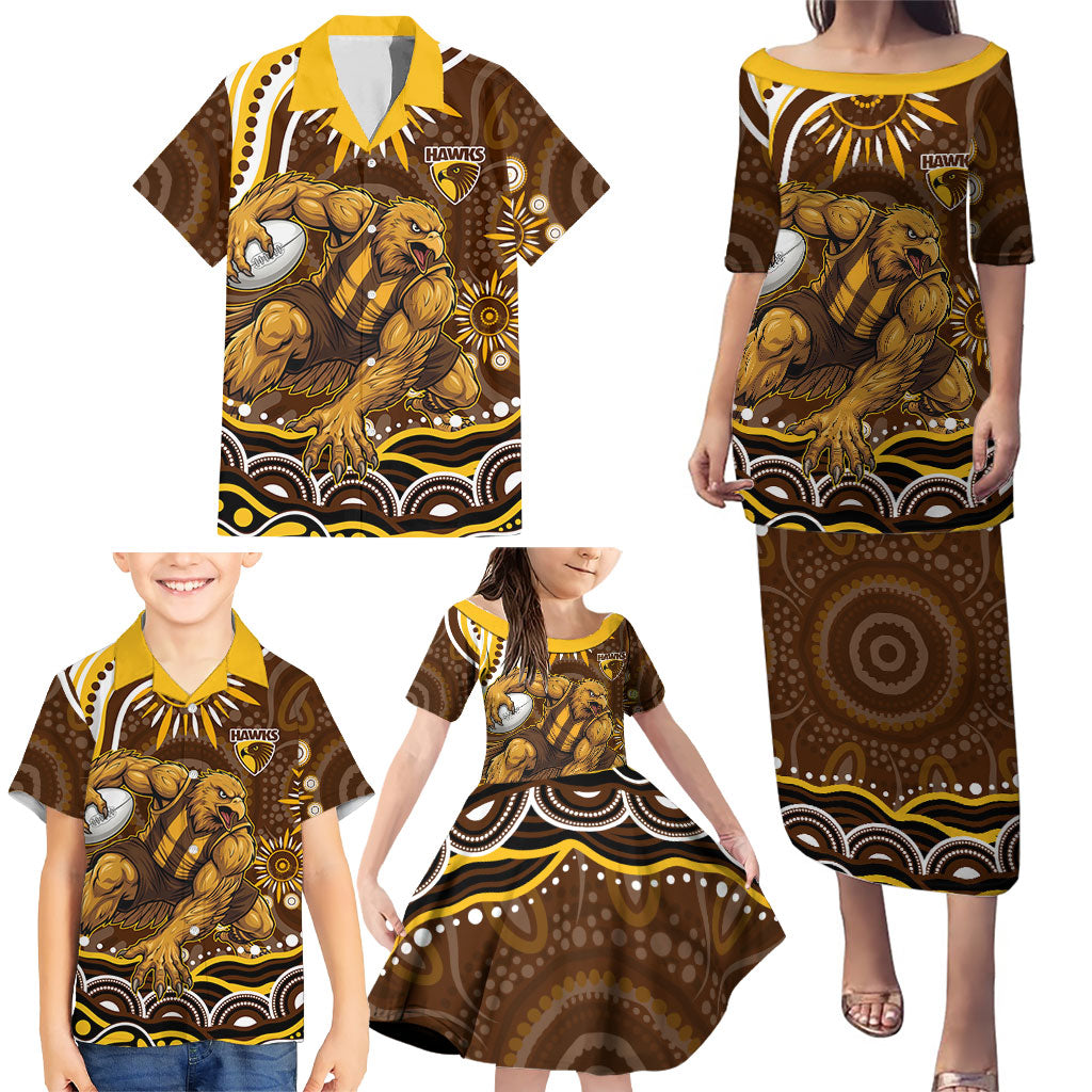Personalized Hawthorn Hawks AFL Mascot Family Matching Puletasi and Hawaiian Shirt Aboriginal Dot Art - Dreamtime Football Mascot