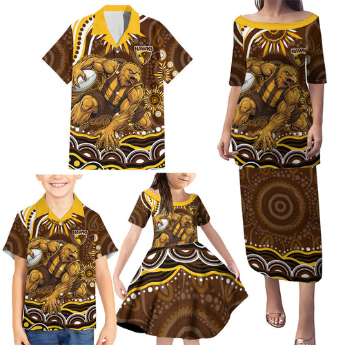Personalized Hawthorn Hawks AFL Mascot Family Matching Puletasi and Hawaiian Shirt Aboriginal Dot Art - Dreamtime Football Mascot
