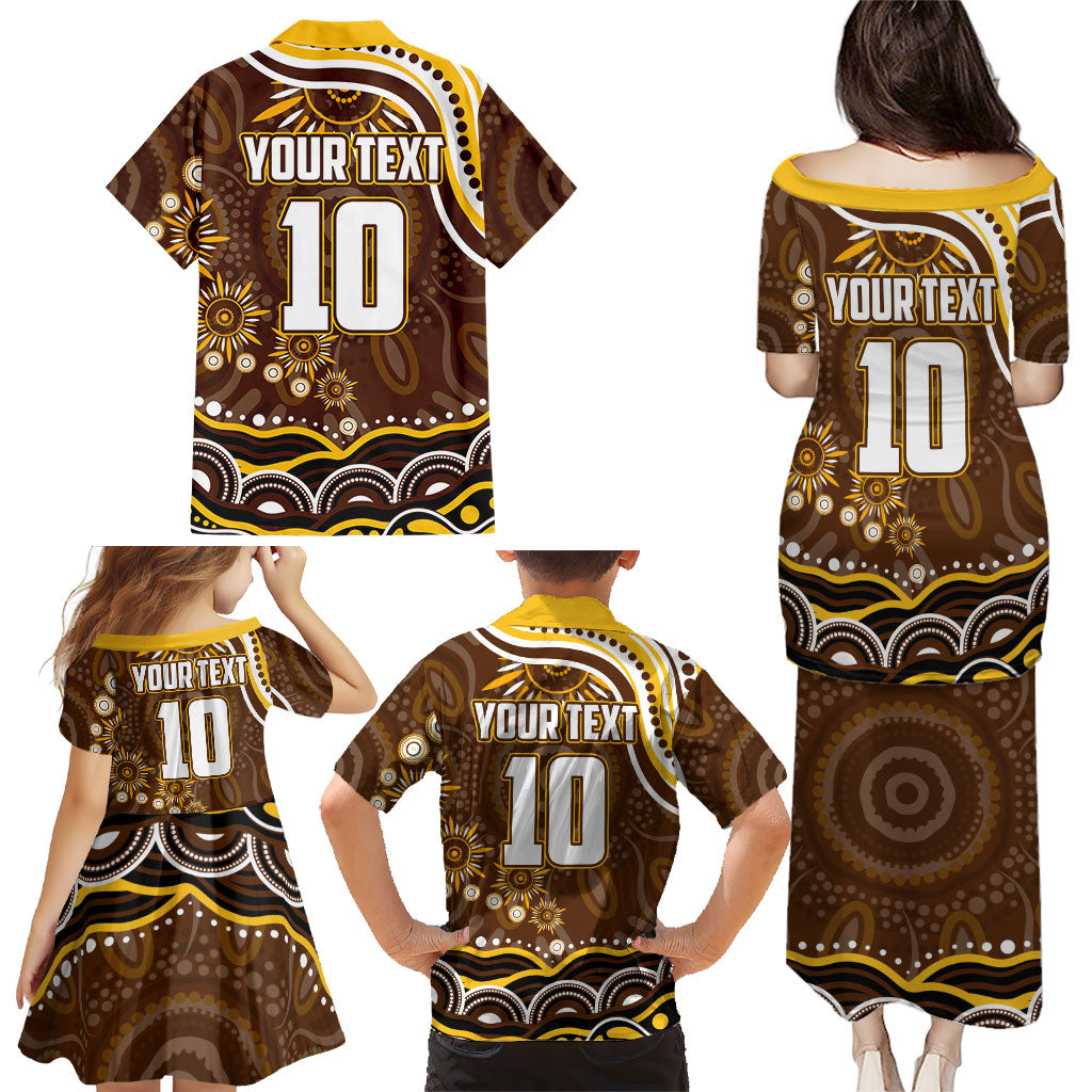 Personalized Hawthorn Hawks AFL Mascot Family Matching Puletasi and Hawaiian Shirt Aboriginal Dot Art - Dreamtime Football Mascot