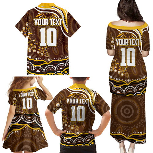 Personalized Hawthorn Hawks AFL Mascot Family Matching Puletasi and Hawaiian Shirt Aboriginal Dot Art - Dreamtime Football Mascot