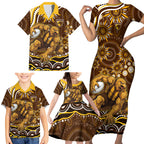 Personalized Hawthorn Hawks AFL Mascot Family Matching Short Sleeve Bodycon Dress and Hawaiian Shirt Aboriginal Dot Art - Dreamtime Football Mascot