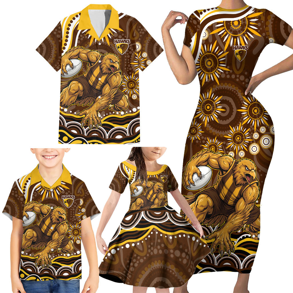 Personalized Hawthorn Hawks AFL Mascot Family Matching Short Sleeve Bodycon Dress and Hawaiian Shirt Aboriginal Dot Art - Dreamtime Football Mascot