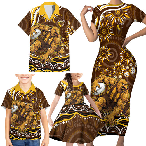 Personalized Hawthorn Hawks AFL Mascot Family Matching Short Sleeve Bodycon Dress and Hawaiian Shirt Aboriginal Dot Art - Dreamtime Football Mascot