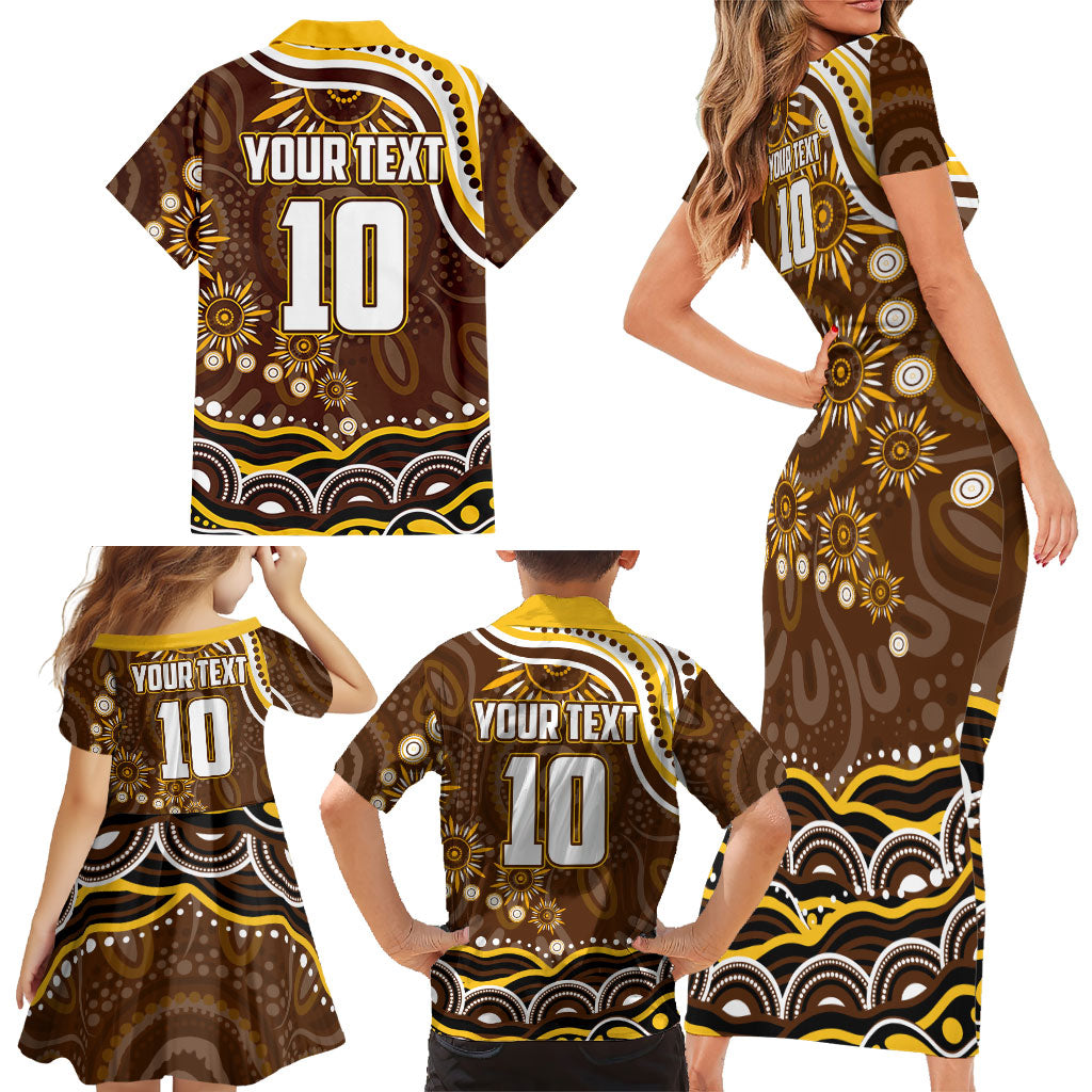 Personalized Hawthorn Hawks AFL Mascot Family Matching Short Sleeve Bodycon Dress and Hawaiian Shirt Aboriginal Dot Art - Dreamtime Football Mascot