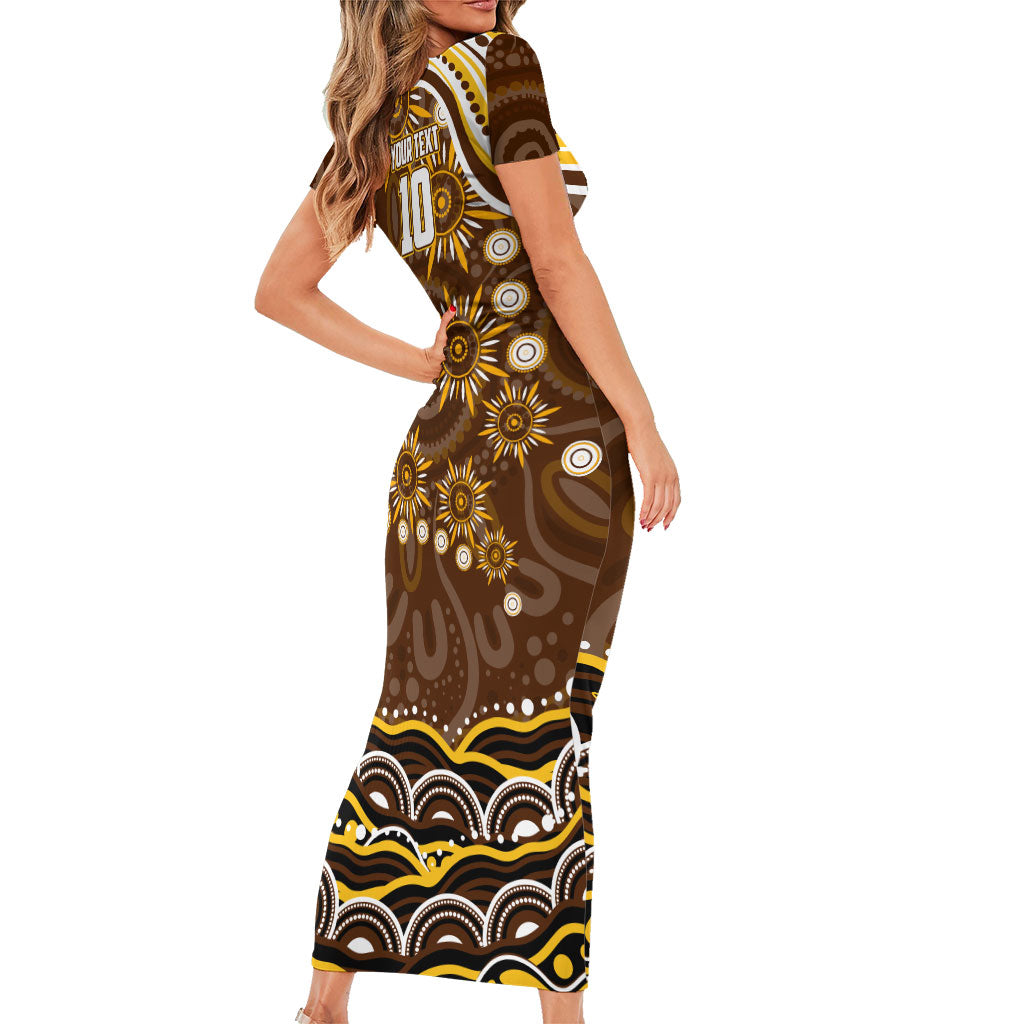 Personalized Hawthorn Hawks AFL Mascot Family Matching Short Sleeve Bodycon Dress and Hawaiian Shirt Aboriginal Dot Art - Dreamtime Football Mascot