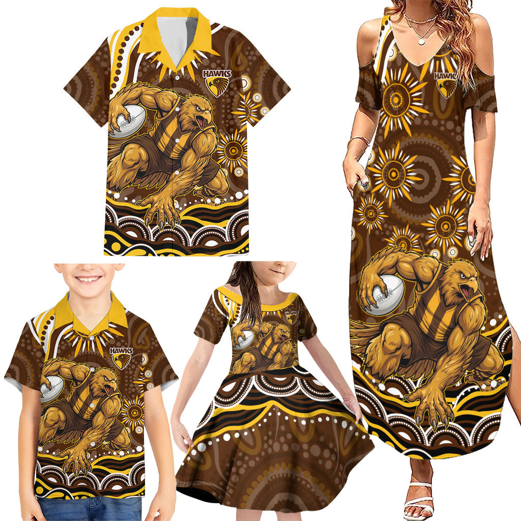 Personalized Hawthorn Hawks AFL Mascot Family Matching Summer Maxi Dress and Hawaiian Shirt Aboriginal Dot Art - Dreamtime Football Mascot