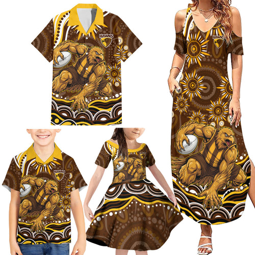 Personalized Hawthorn Hawks AFL Mascot Family Matching Summer Maxi Dress and Hawaiian Shirt Aboriginal Dot Art - Dreamtime Football Mascot