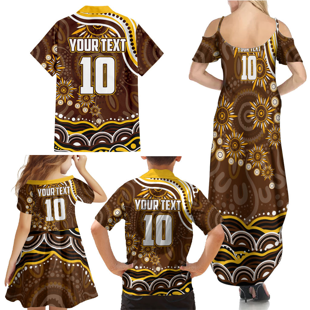 Personalized Hawthorn Hawks AFL Mascot Family Matching Summer Maxi Dress and Hawaiian Shirt Aboriginal Dot Art - Dreamtime Football Mascot