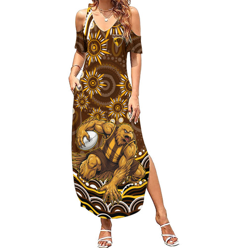 Personalized Hawthorn Hawks AFL Mascot Family Matching Summer Maxi Dress and Hawaiian Shirt Aboriginal Dot Art - Dreamtime Football Mascot