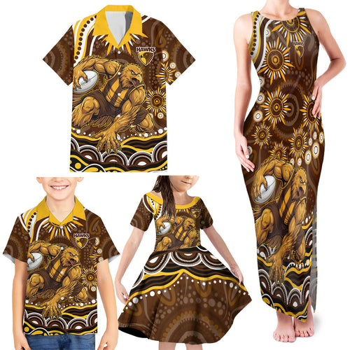 Personalized Hawthorn Hawks AFL Mascot Family Matching Tank Maxi Dress and Hawaiian Shirt Aboriginal Dot Art - Dreamtime Football Mascot