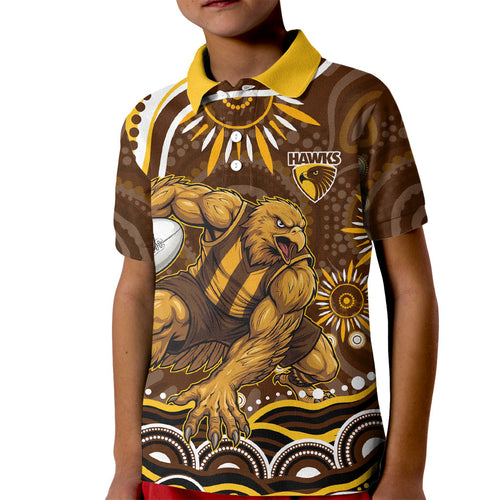 Personalized Hawthorn Hawks AFL Mascot Kid Polo Shirt Aboriginal Dot Art - Dreamtime Football Mascot