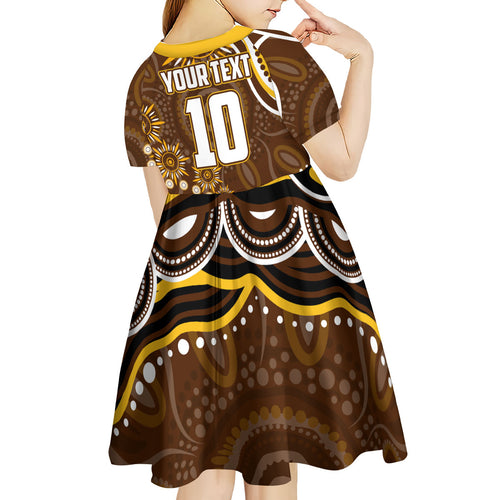 Personalized Hawthorn Hawks AFL Mascot Kid Short Sleeve Dress Aboriginal Dot Art - Dreamtime Football Mascot