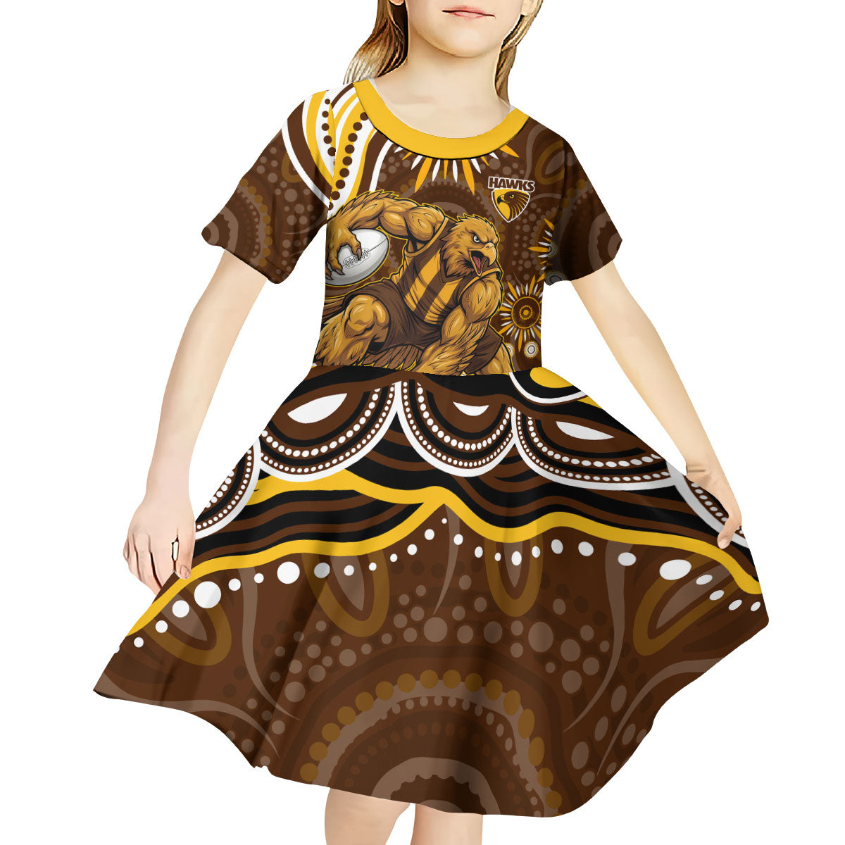 Personalized Hawthorn Hawks AFL Mascot Kid Short Sleeve Dress Aboriginal Dot Art - Dreamtime Football Mascot