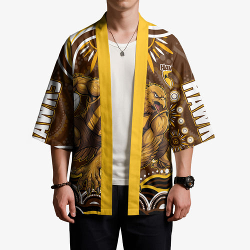 Personalized Hawthorn Hawks AFL Mascot Kimono Aboriginal Dot Art - Dreamtime Football Mascot