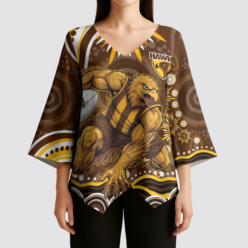 Personalized Hawthorn Hawks AFL Mascot Kimono Sleeve Blouse Aboriginal Dot Art - Dreamtime Football Mascot