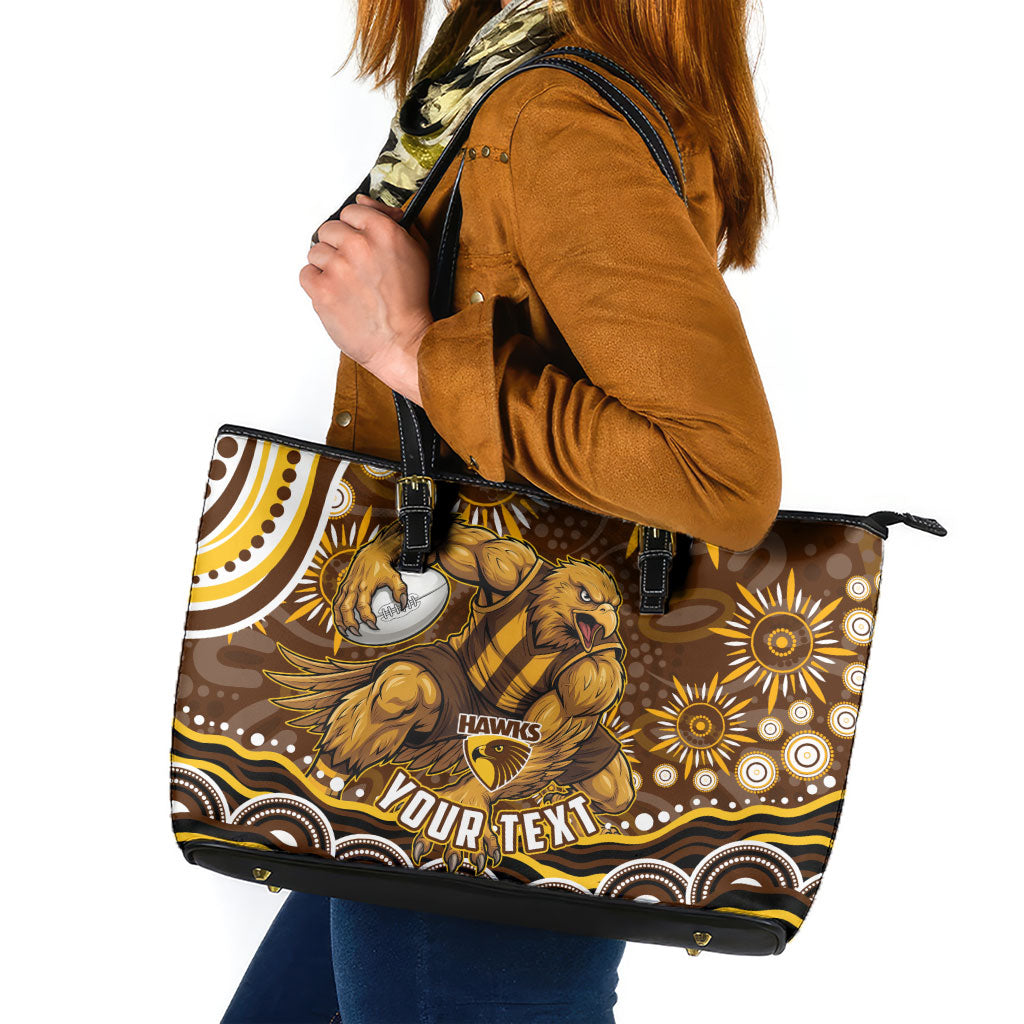 Personalized Hawthorn Hawks AFL Mascot Leather Tote Bag Aboriginal Dot Art - Dreamtime Football Mascot