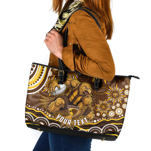 Personalized Hawthorn Hawks AFL Mascot Leather Tote Bag Aboriginal Dot Art - Dreamtime Football Mascot