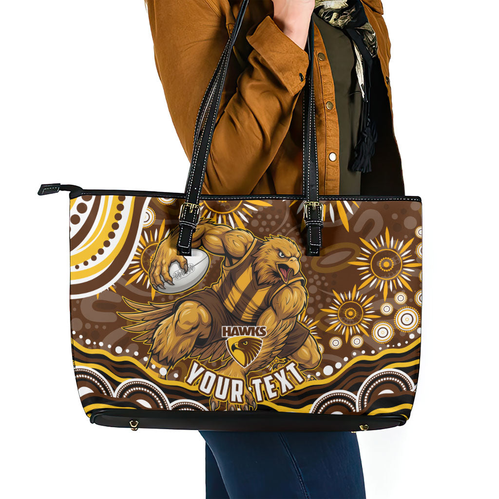 Personalized Hawthorn Hawks AFL Mascot Leather Tote Bag Aboriginal Dot Art - Dreamtime Football Mascot