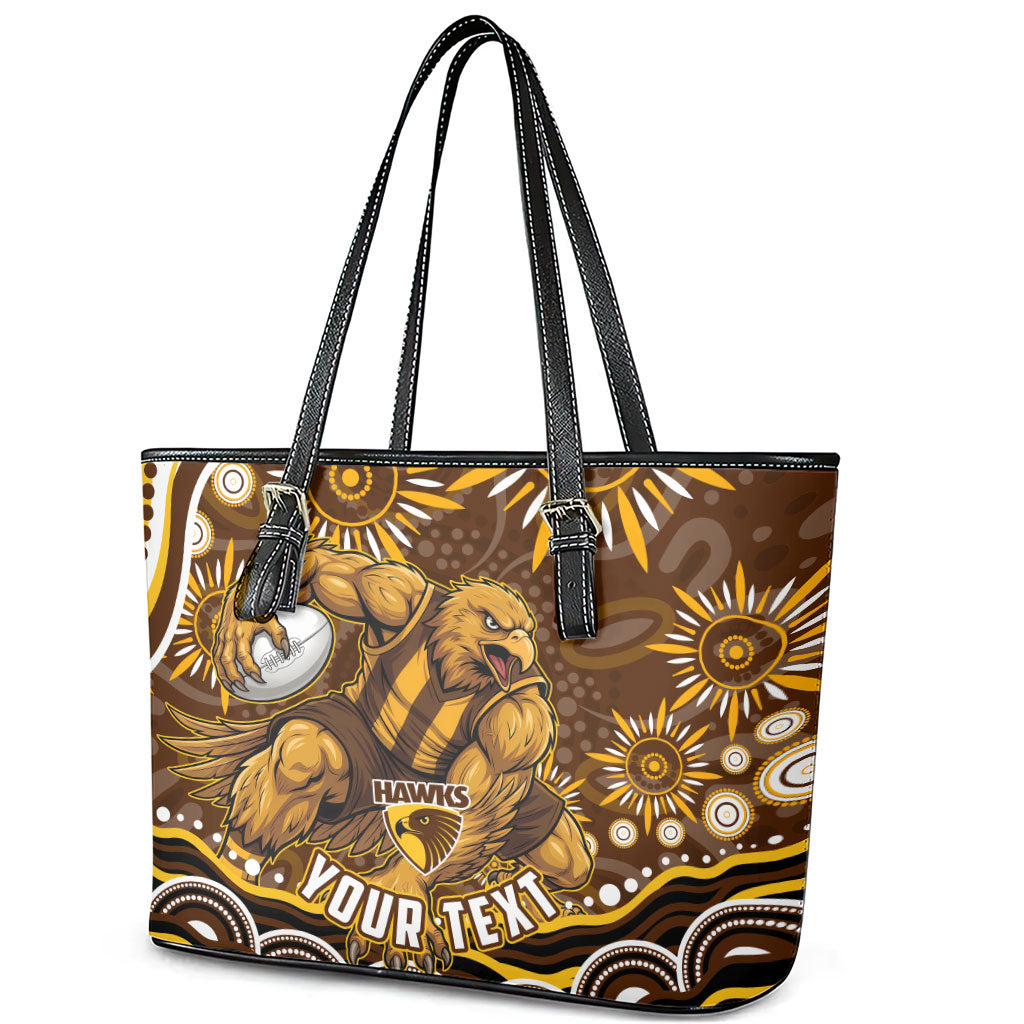 Personalized Hawthorn Hawks AFL Mascot Leather Tote Bag Aboriginal Dot Art - Dreamtime Football Mascot