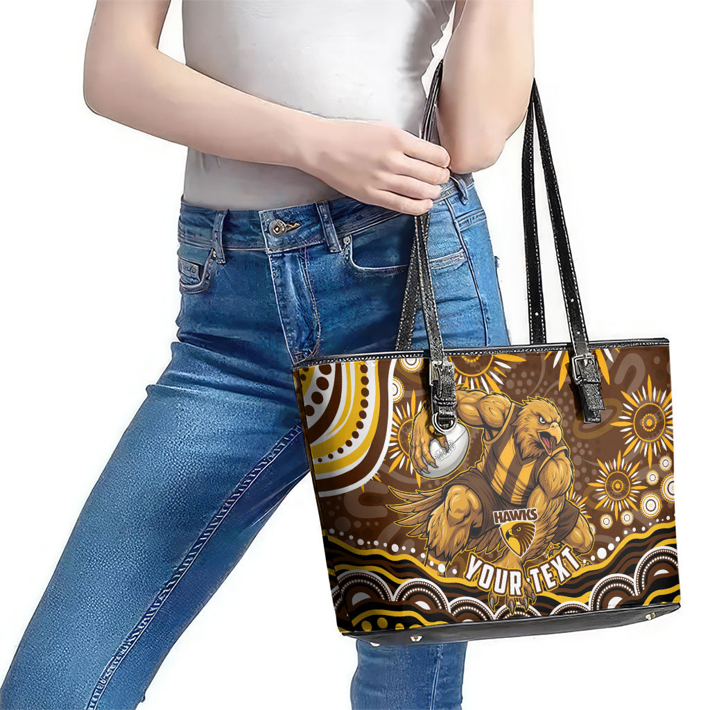 Personalized Hawthorn Hawks AFL Mascot Leather Tote Bag Aboriginal Dot Art - Dreamtime Football Mascot