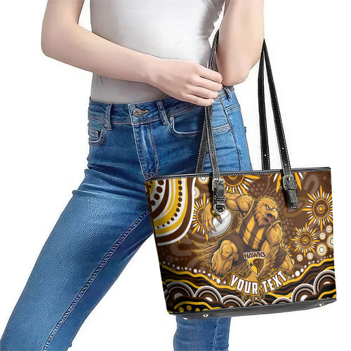 Personalized Hawthorn Hawks AFL Mascot Leather Tote Bag Aboriginal Dot Art - Dreamtime Football Mascot