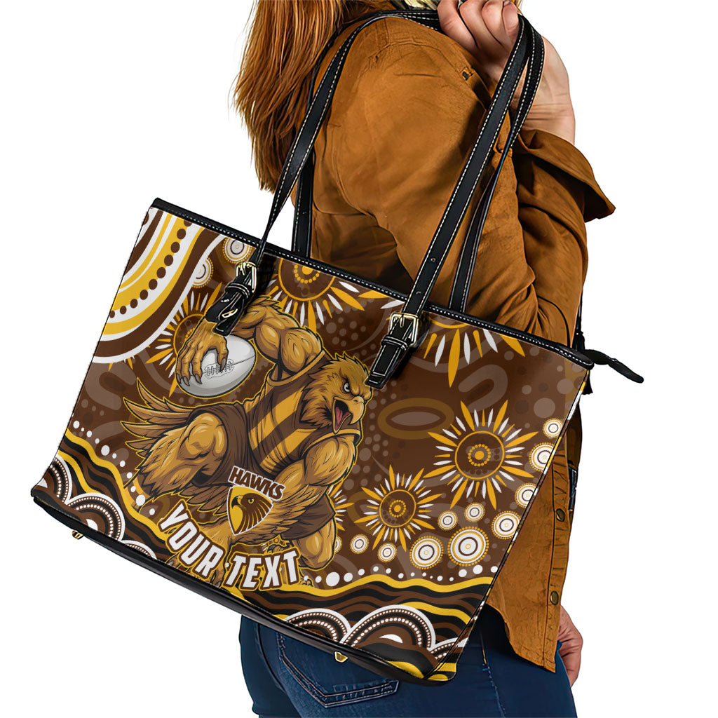 Personalized Hawthorn Hawks AFL Mascot Leather Tote Bag Aboriginal Dot Art - Dreamtime Football Mascot
