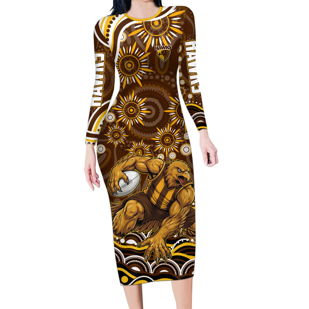 Personalized Hawthorn Hawks AFL Mascot Long Sleeve Bodycon Dress Aboriginal Dot Art - Dreamtime Football Mascot