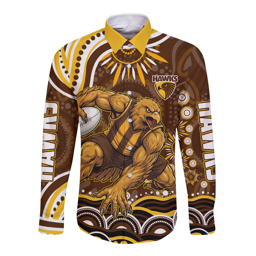 Personalized Hawthorn Hawks AFL Mascot Long Sleeve Button Shirt Aboriginal Dot Art - Dreamtime Football Mascot
