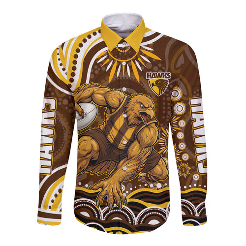 Personalized Hawthorn Hawks AFL Mascot Long Sleeve Button Shirt Aboriginal Dot Art - Dreamtime Football Mascot