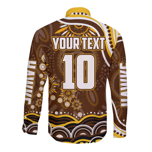 Personalized Hawthorn Hawks AFL Mascot Long Sleeve Button Shirt Aboriginal Dot Art - Dreamtime Football Mascot